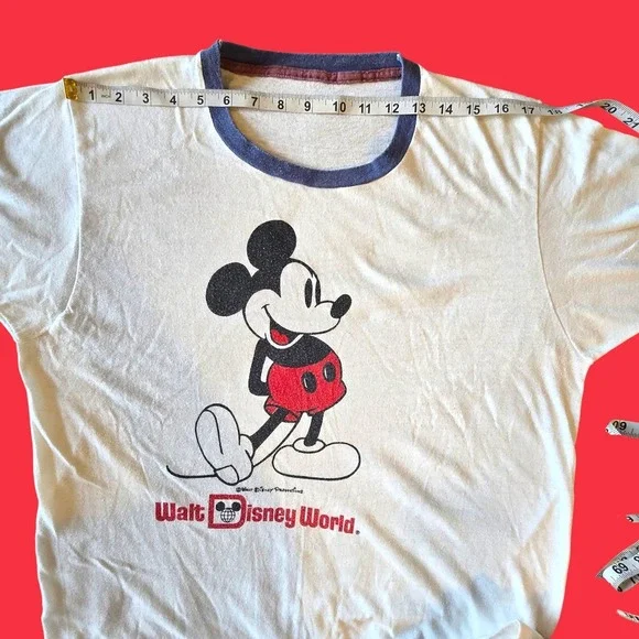 Vintage 70s Walt Disney World Ringer T-Shirt Mickey Mouse Single Stitch White...
